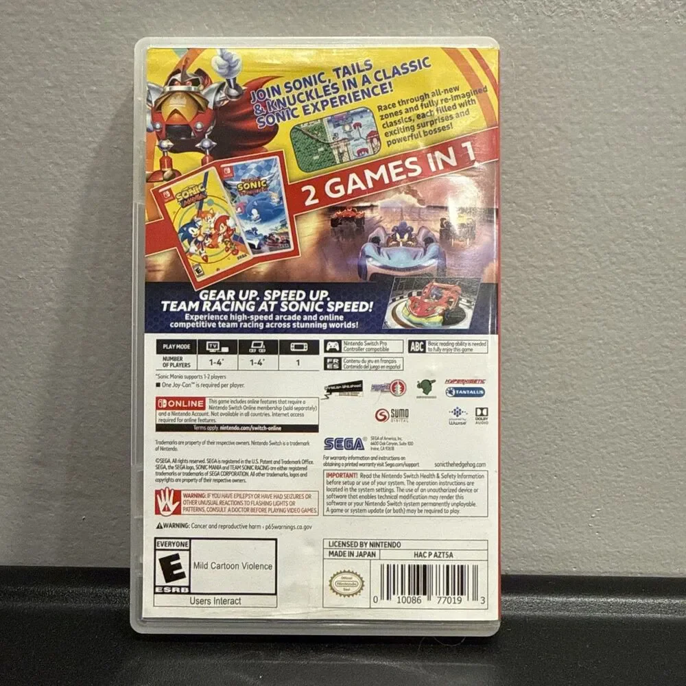 Sonic Mania & Team Sonic Racing Double Pack 2 Games In 1 Case & Cartridge Tested